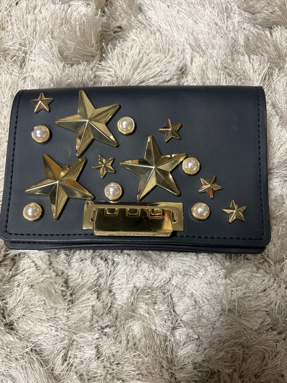 ZAC Zac Posen Black Wallet with Gold Star & Pearl Studs
